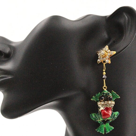 Magnificent Lunch At Ritz Enamel Frog Christmas Tree Holiday Brooch Earrings Se - Picture 10 of 12